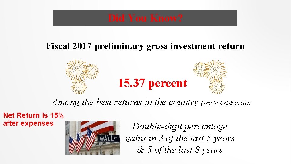 Did You Know? Fiscal 2017 preliminary gross investment return 15. 37 percent Among the