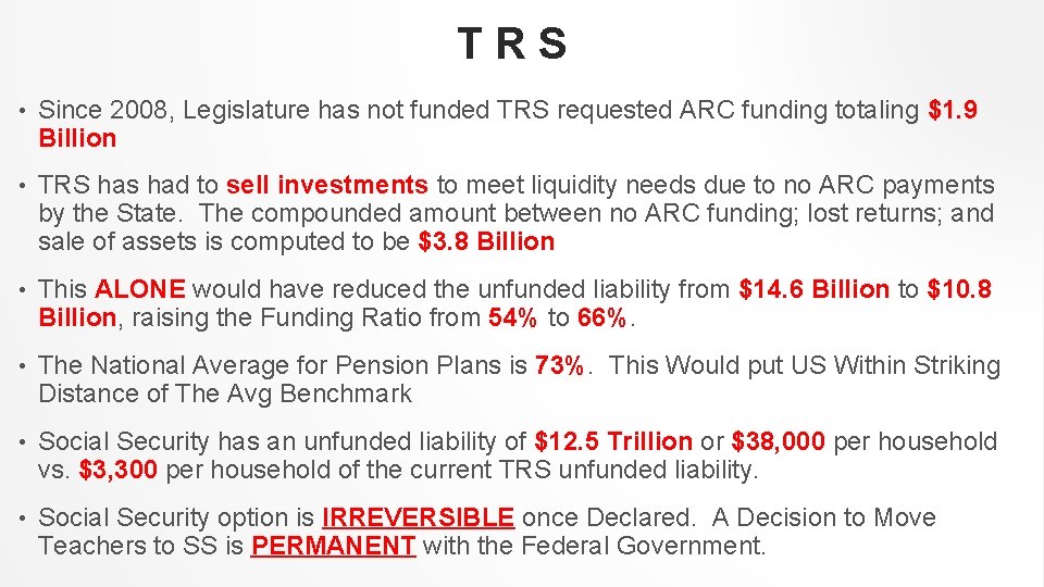 TRS • Since 2008, Legislature has not funded TRS requested ARC funding totaling $1.