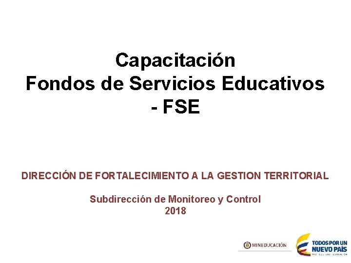 Capacitación Fondos de Servicios Educativos - FSE DIRECCIÓN DE FORTALECIMIENTO A LA GESTION TERRITORIAL
