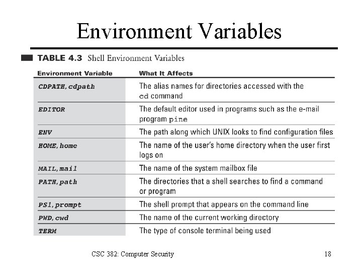 Environment Variables CSC 382: Computer Security 18 