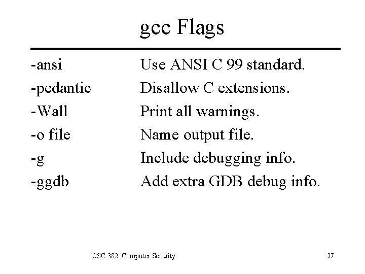 gcc Flags -ansi -pedantic -Wall -o file -g -ggdb Use ANSI C 99 standard.