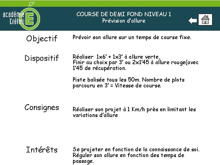 COURSE DE DEMI FOND NIVEAU 1 Prévision d’allure Objectif Dispositif Prévoir son allure sur