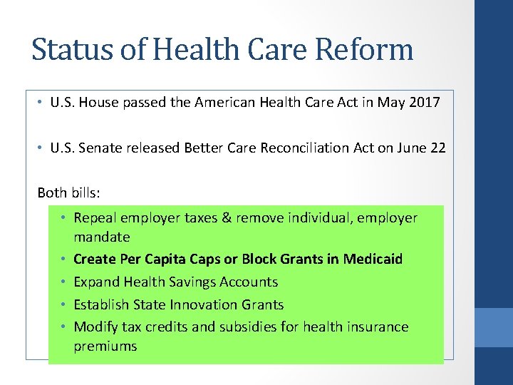 Status of Health Care Reform • U. S. House passed the American Health Care