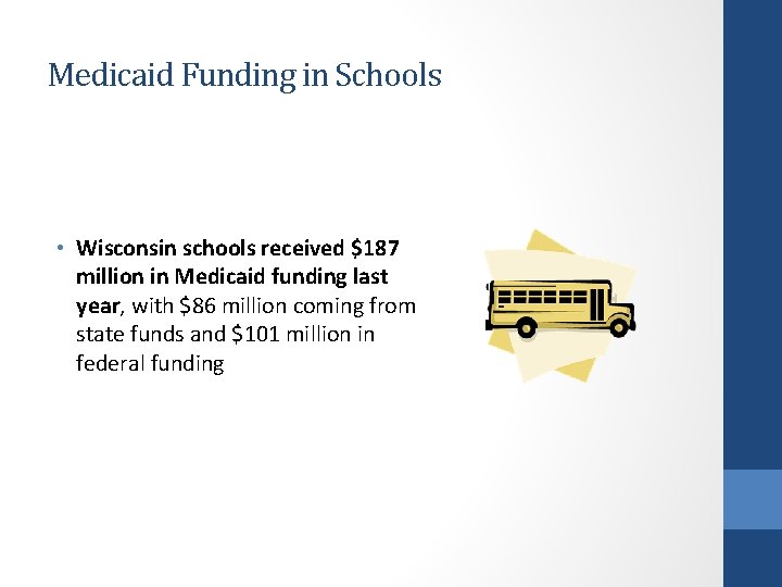 Medicaid Funding in Schools • Wisconsin schools received $187 million in Medicaid funding last