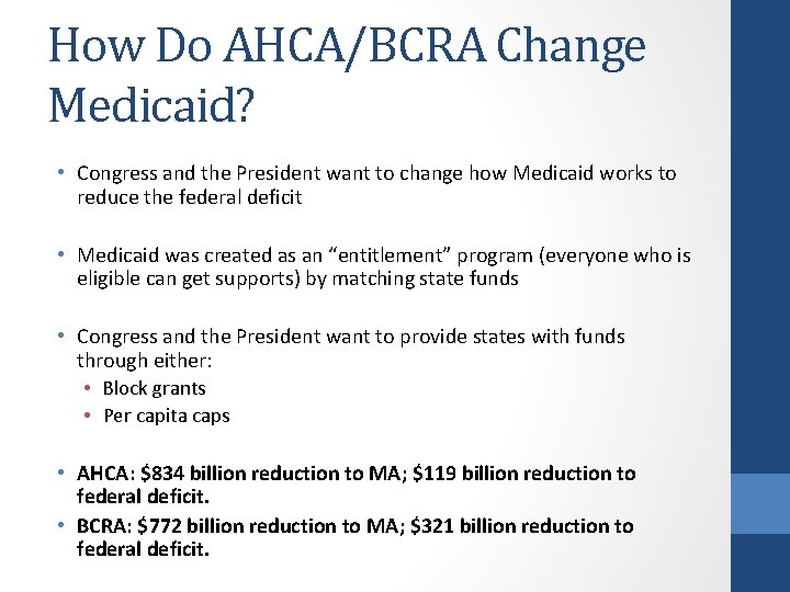 How Do AHCA/BCRA Change Medicaid? • Congress and the President want to change how