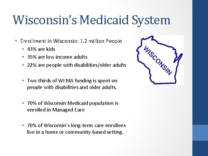 Wisconsin’s Medicaid System • Enrollment in Wisconsin: 1. 2 million People • 43% are