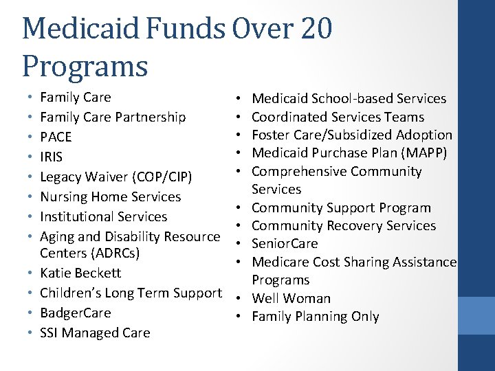Medicaid Funds Over 20 Programs • • • Family Care Partnership PACE IRIS Legacy