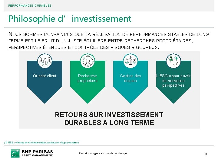 PERFORMANCES DURABLES Philosophie d’investissement NOUS SOMMES CONVAINCUS QUE LA RÉALISATION DE PERFORMANCES STABLES DE