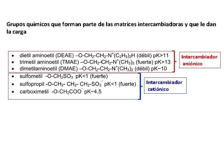 Grupos químicos que forman parte de las matrices intercambiadoras y que le dan la
