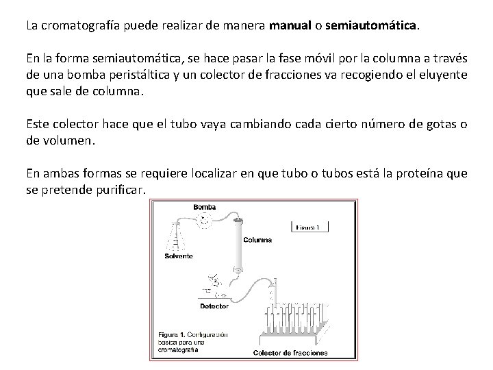 La cromatografía puede realizar de manera manual o semiautomática. En la forma semiautomática, se