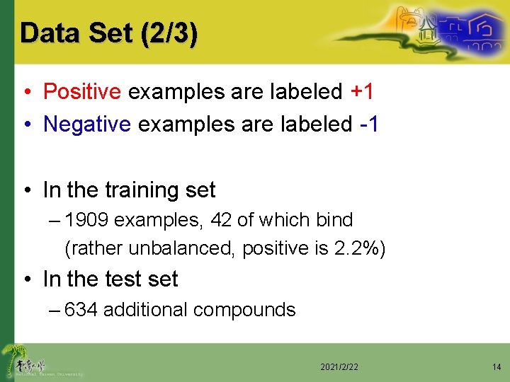 Data Set (2/3) • Positive examples are labeled +1 • Negative examples are labeled