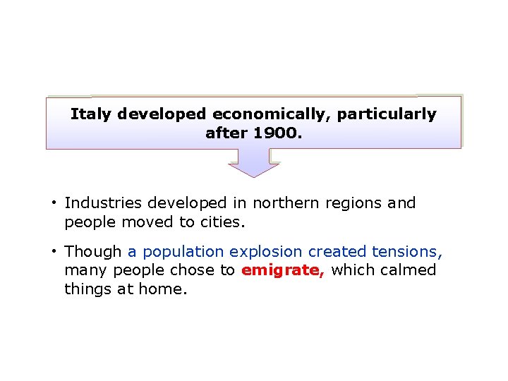 Italy developed economically, particularly after 1900. • Industries developed in northern regions and people