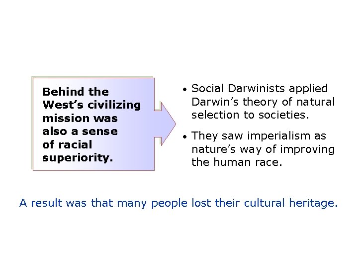 Behind the West’s civilizing mission was also a sense of racial superiority. • Social