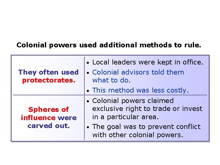 Colonial powers used additional methods to rule. Local leaders were kept in office. •