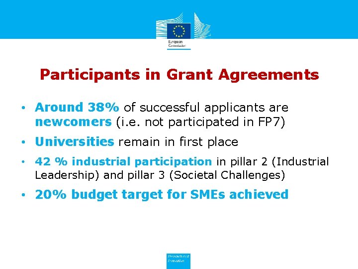Participants in Grant Agreements • Around 38% of successful applicants are newcomers (i. e.