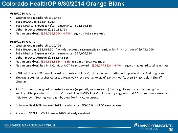 Colorado Health. OP 9/30/2014 Orange Blank 6/30/2014 results • Quarter end membership: 13, 466