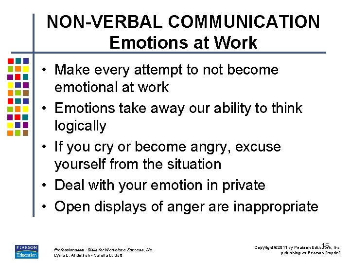 NON-VERBAL COMMUNICATION Emotions at Work • Make every attempt to not become emotional at