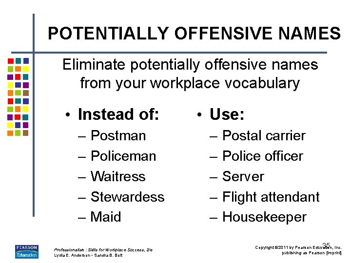 POTENTIALLY OFFENSIVE NAMES Eliminate potentially offensive names from your workplace vocabulary • Instead of:
