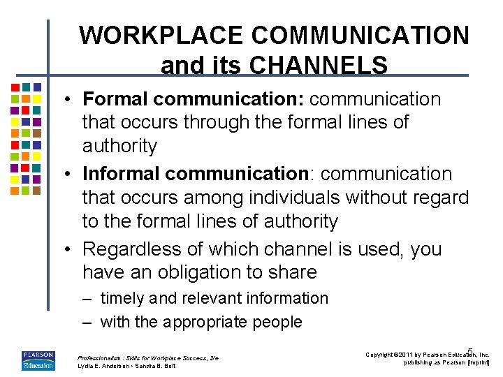 WORKPLACE COMMUNICATION and its CHANNELS • Formal communication: communication that occurs through the formal