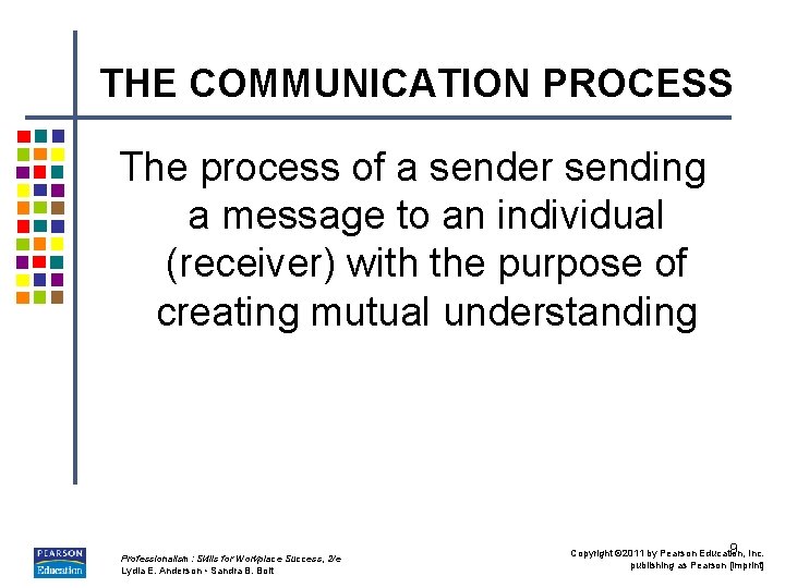 THE COMMUNICATION PROCESS The process of a sender sending a message to an individual