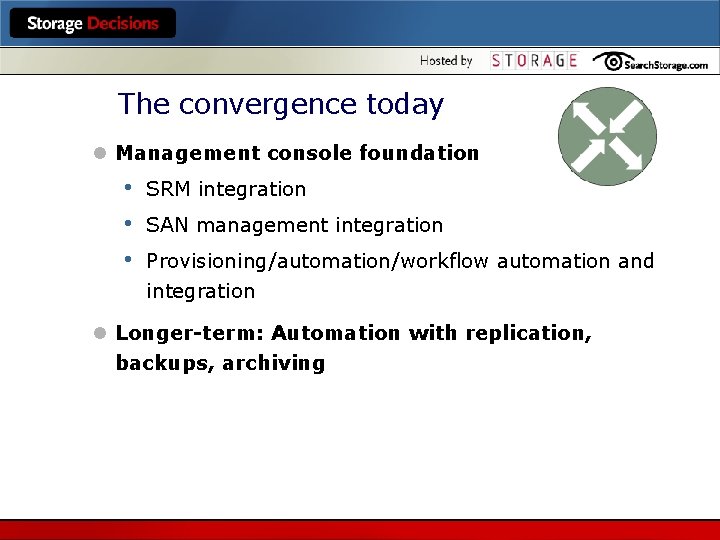 The convergence today l Management console foundation • • • SRM integration SAN management