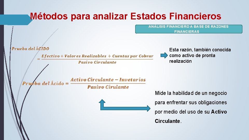 Métodos para analizar Estados Financieros ANÁLISIS FINANCIERO A BASE DE RAZONES FINANCIERAS Esta razón, Métodos para analizar Estados Financieros ANÁLISIS FINANCIERO A BASE DE RAZONES FINANCIERAS Esta razón,