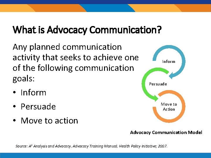What is Advocacy Communication? Any planned communication activity that seeks to achieve one of