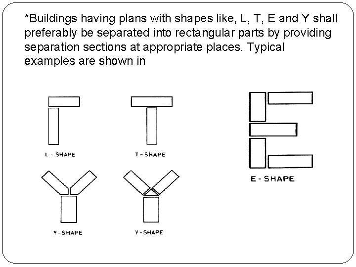 *Buildings having plans with shapes like, L, T, E and Y shall preferably be