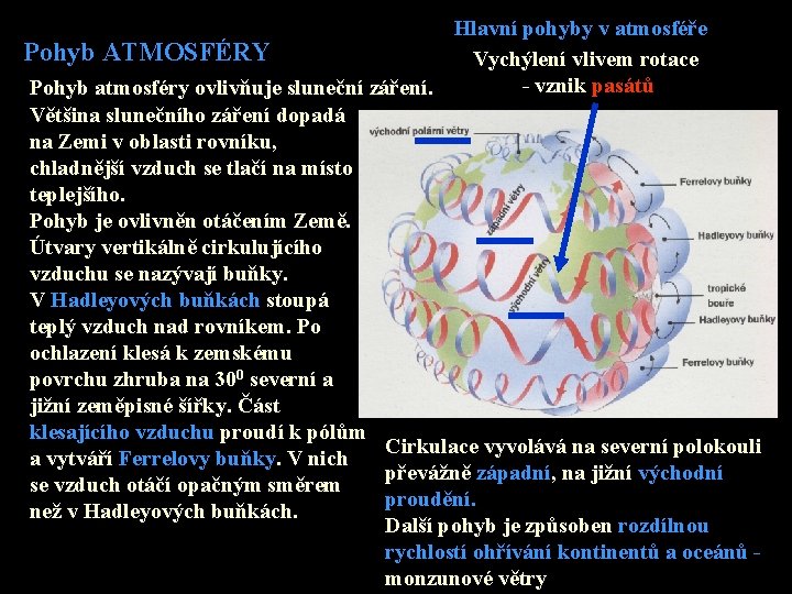 Hlavní pohyby v atmosféře Pohyb ATMOSFÉRY Vychýlení vlivem rotace - vznik pasátů Pohyb atmosféry Hlavní pohyby v atmosféře Pohyb ATMOSFÉRY Vychýlení vlivem rotace - vznik pasátů Pohyb atmosféry