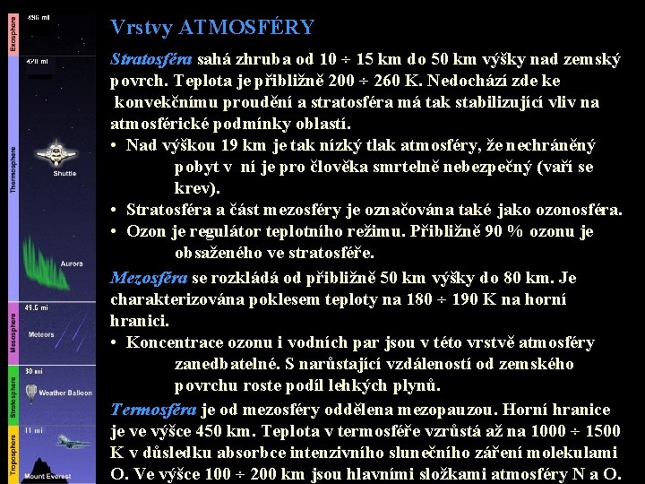 Vrstvy ATMOSFÉRY Stratosféra sahá zhruba od 10 ÷ 15 km do 50 km výšky Vrstvy ATMOSFÉRY Stratosféra sahá zhruba od 10 ÷ 15 km do 50 km výšky