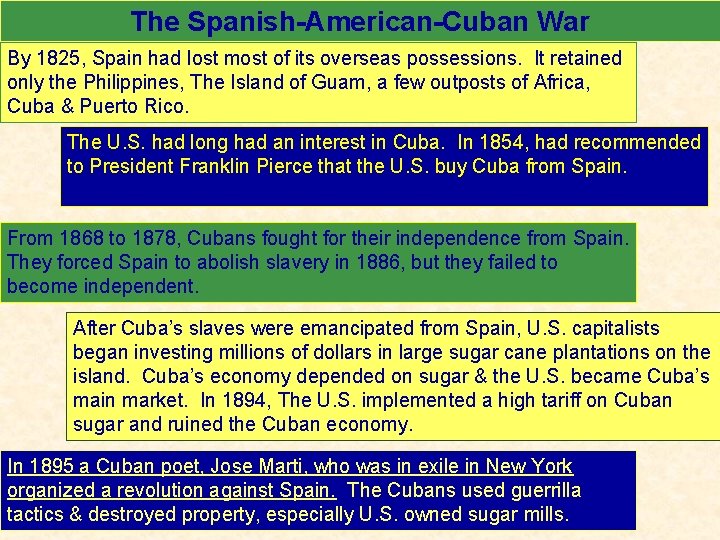 The Spanish-American-Cuban War By 1825, Spain had lost most of its overseas possessions. It