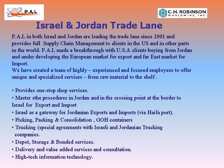 Israel & Jordan Trade Lane P. A. L in both Israel and Jordan are