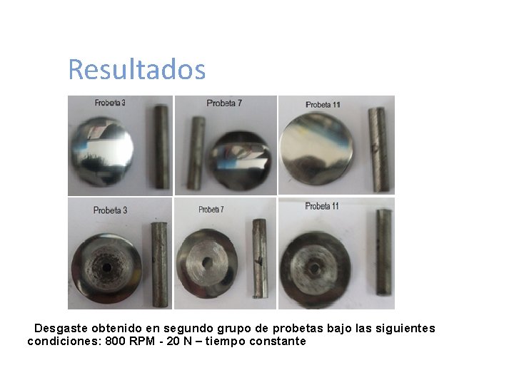 Resultados Desgaste obtenido en segundo grupo de probetas bajo las siguientes condiciones: 800 RPM