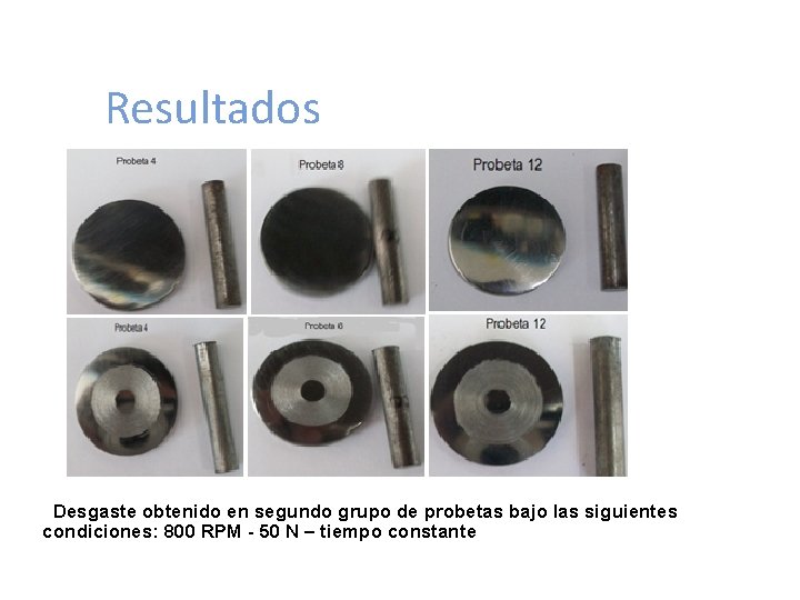 Resultados Desgaste obtenido en segundo grupo de probetas bajo las siguientes condiciones: 800 RPM