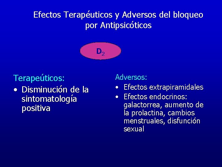Efectos Terapéuticos y Adversos del bloqueo por Antipsicóticos D 2 Terapeúticos: • Disminución de Efectos Terapéuticos y Adversos del bloqueo por Antipsicóticos D 2 Terapeúticos: • Disminución de