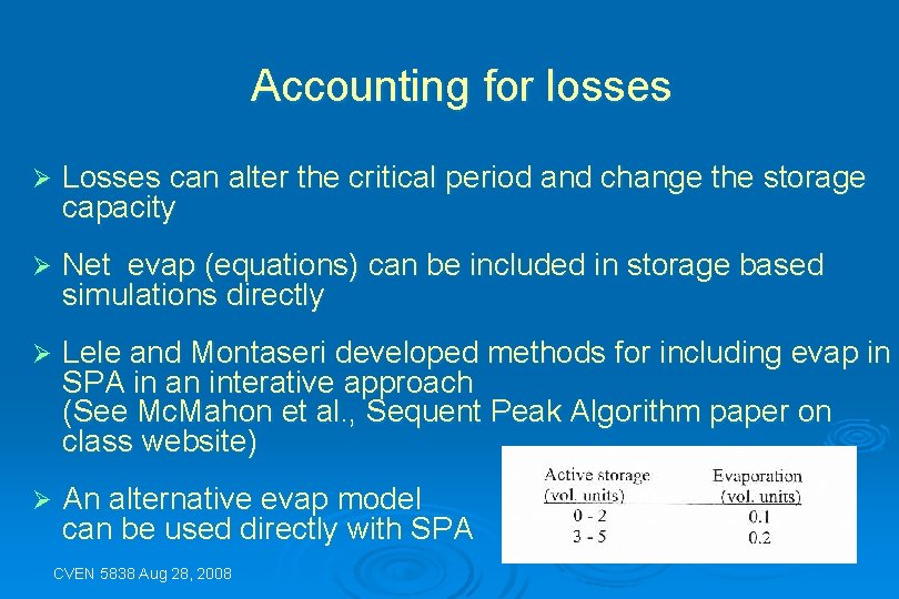 Accounting for losses Ø Losses can alter the critical period and change the storage