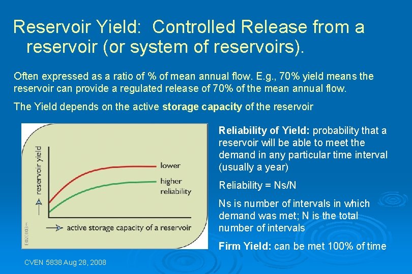 Reservoir Yield: Controlled Release from a reservoir (or system of reservoirs). Often expressed as