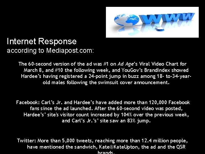 Internet Response according to Mediapost. com: The 60 -second version of the ad was