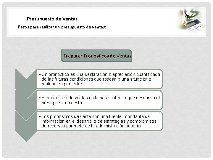 Presupuesto de Ventas Pasos para realizar un presupuesto de ventas: Preparar Pronósticos de Ventas