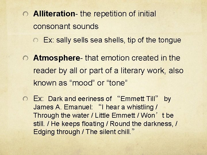 Alliteration- the repetition of initial consonant sounds Ex: sally sells sea shells, tip of Alliteration- the repetition of initial consonant sounds Ex: sally sells sea shells, tip of