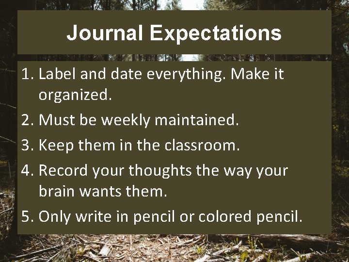Journal Expectations 1. Label and date everything. Make it organized. 2. Must be weekly