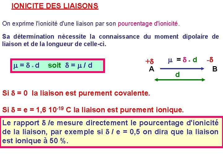 IONICITE DES LIAISONS On exprime l'ionicité d'une liaison par son pourcentage d'ionicité. Sa détermination
