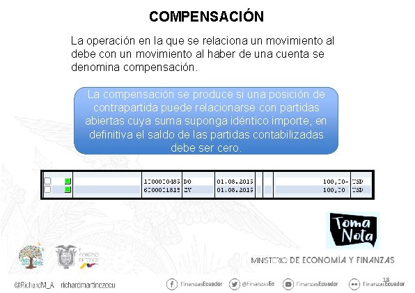 COMPENSACIÓN La operación en la que se relaciona un movimiento al debe con un