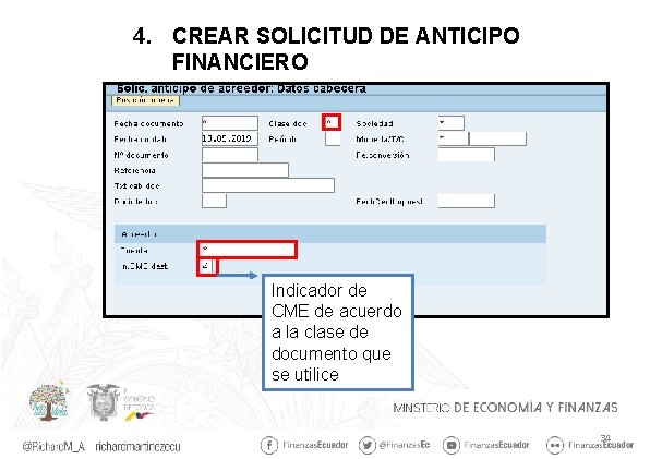 4. CREAR SOLICITUD DE ANTICIPO FINANCIERO Indicador de CME de acuerdo a la clase