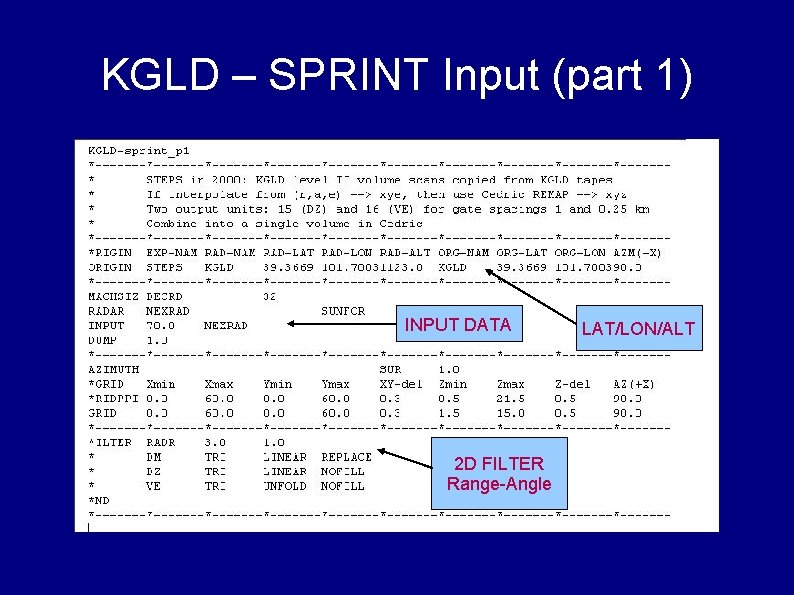 KGLD – SPRINT Input (part 1) INPUT DATA 2 D FILTER Range-Angle LAT/LON/ALT 