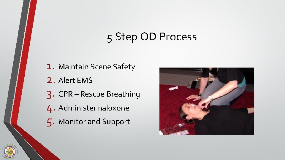 5 Step OD Process 1. Maintain Scene Safety 2. Alert EMS 3. CPR –