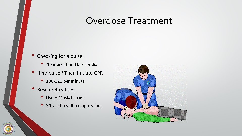 Overdose Treatment • • • Checking for a pulse. • No more than 10