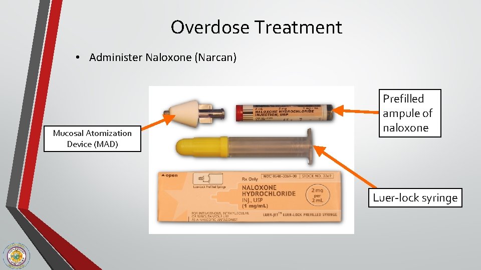Overdose Treatment • Administer Naloxone (Narcan) Mucosal Atomization Device (MAD) Prefilled ampule of naloxone