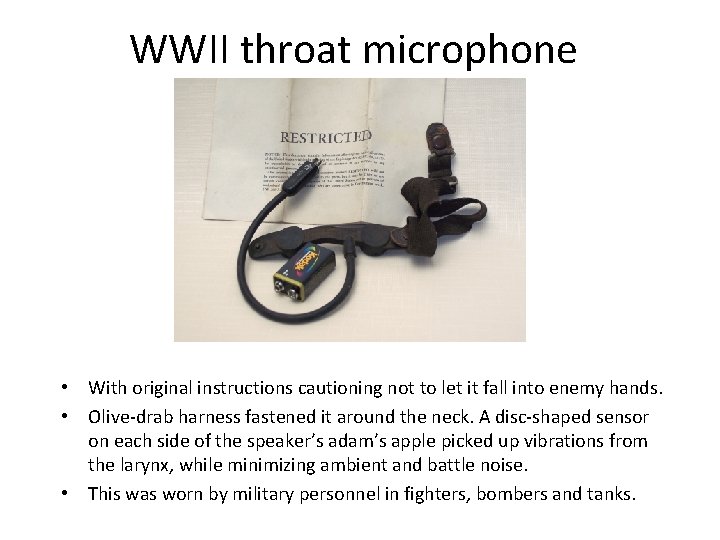 WWII throat microphone • With original instructions cautioning not to let it fall into