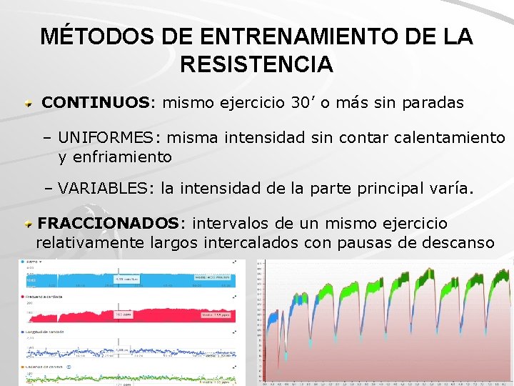 MÉTODOS DE ENTRENAMIENTO DE LA RESISTENCIA CONTINUOS: mismo ejercicio 30’ o más sin paradas